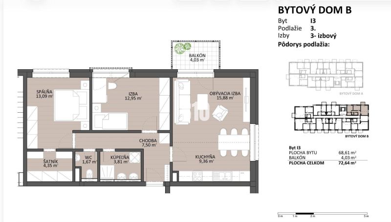 Floor plan of a 3-room apartment with a balcony, an area of 72.64 m², and a wooden decor floor.