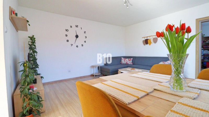 Living room with wood-patterned flooring, a comfortable sofa, and a vase with tulips.