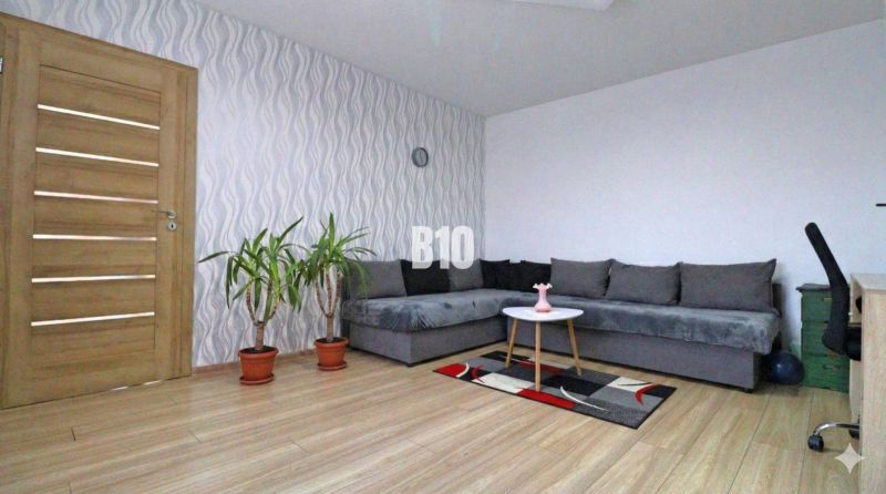 A stylish living room in a family house with a sofa, plants, and a wooden decor floor.