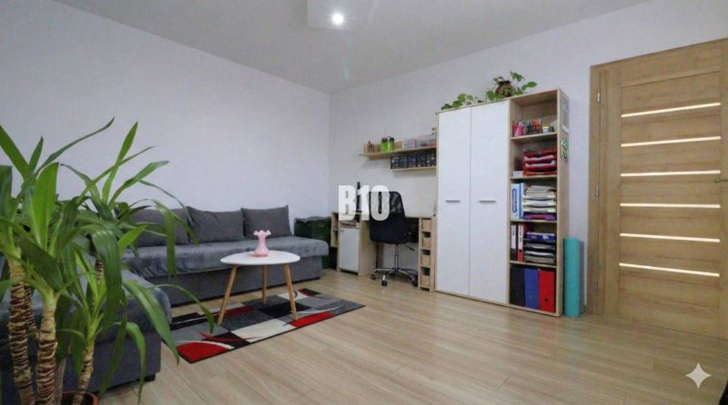 Living room in a family house with a wood-patterned floor, sofa set, cabinet, plants.