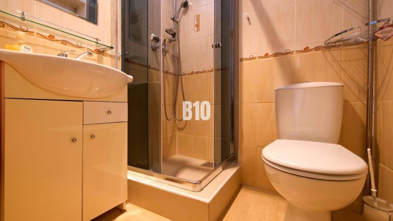 Bathroom in a studio apartment with a shower, sink, and toilet.