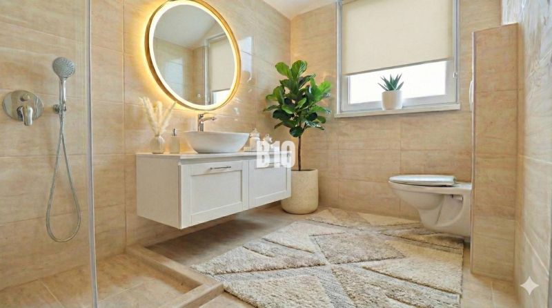 A bathroom in a family house with an oval mirror, a sink, and plants.