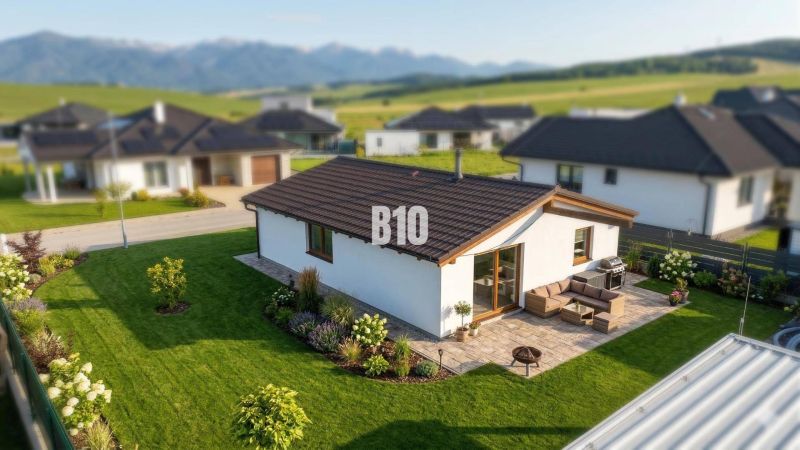 A family house in Diaková with a large garden and terrace, with mountains in the background.