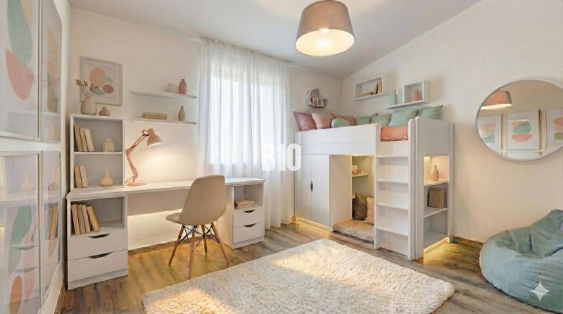 Children's room in a family house with a loft bed and a floor with a wooden decor.