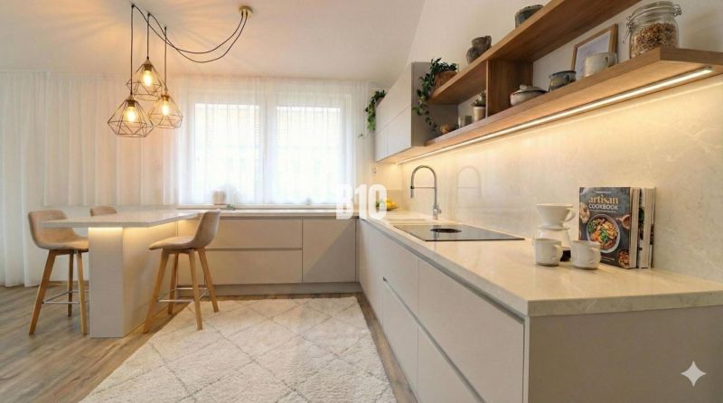 A kitchen in a family house with bar stools, interesting lights, and a wooden decor floor.