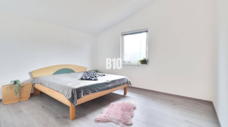 Bright bedroom in a family house with a bed, carpet, and wood-patterned flooring.