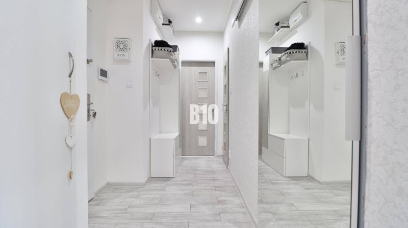A hallway of a 2-room apartment with a coat rack wall and a wooden decor floor.