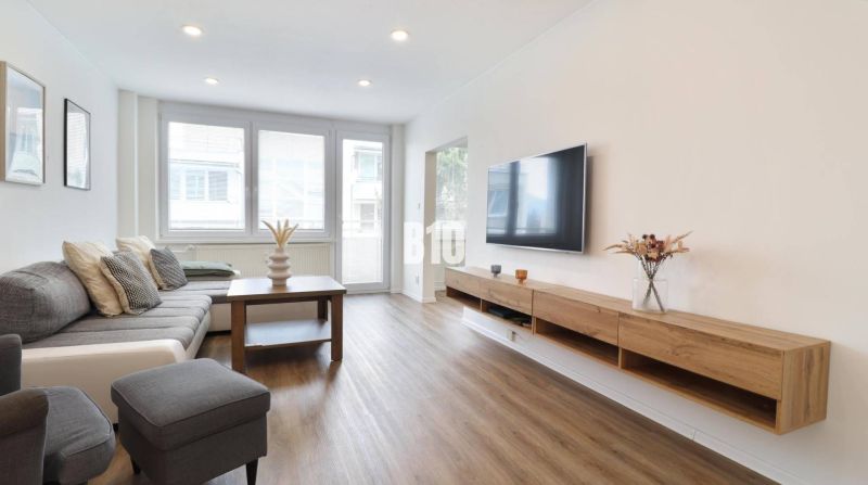 Living room in a three-room apartment with a wooden decor floor and a sofa.