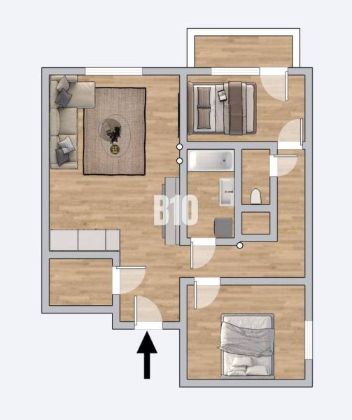 Floor plan of a 3-room apartment with furnishings and wooden decor flooring.