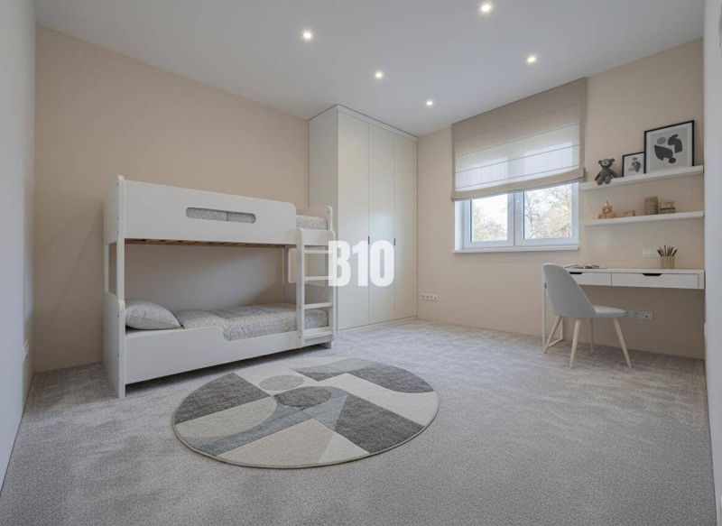 Children's room with a bunk bed and a desk in a family house.
