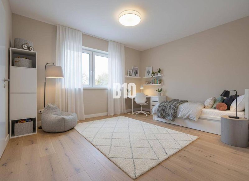Children's room in a family house with a wooden decor floor and white furniture.