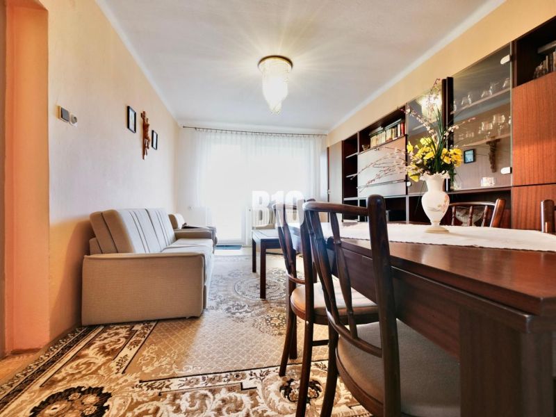 Living room in a three-room apartment with a comfortable sofa and wooden furniture.