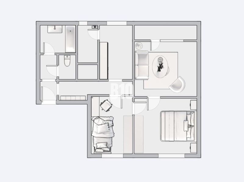 Floor plan of a 3-room apartment with furnishings, including a living room and a bathroom.