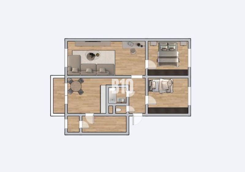 Floor plan of a 3-room apartment with wood-patterned flooring and a practical arrangement of rooms.