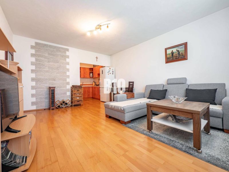 Living room in a two-room apartment with a wooden decor floor and cozy seating.