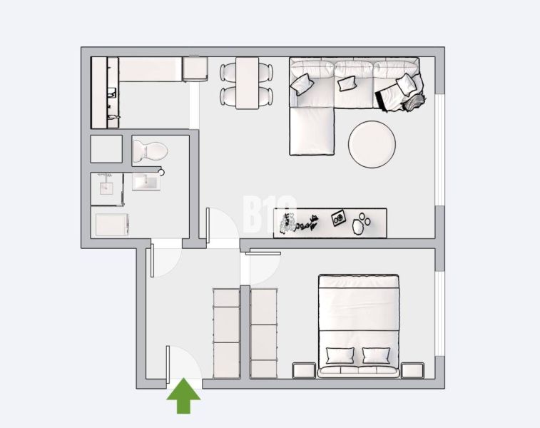 Floor plan of a 2-room apartment with built-in furniture and equipment.