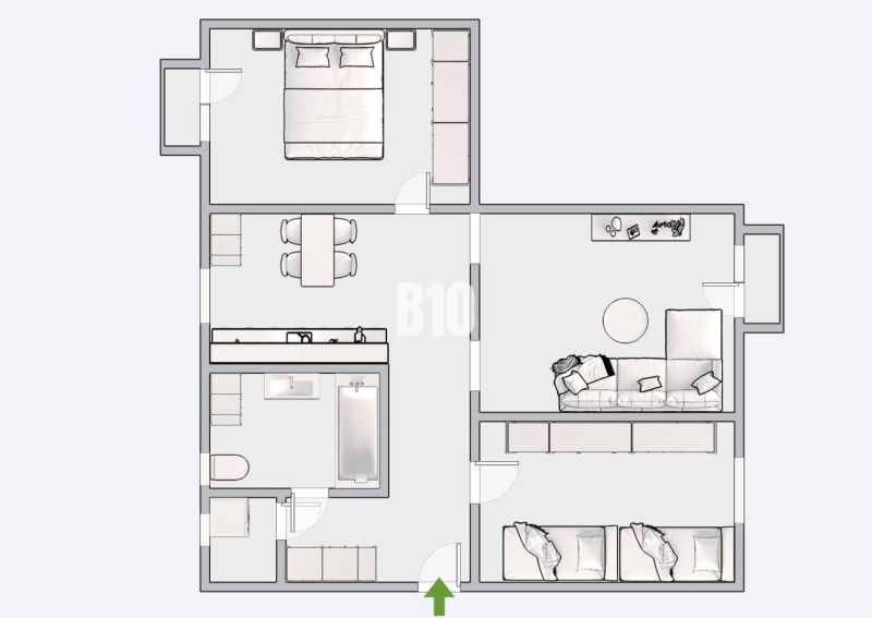 Floor plan of a 3-room apartment with space for a bedroom, living room, and kitchen.