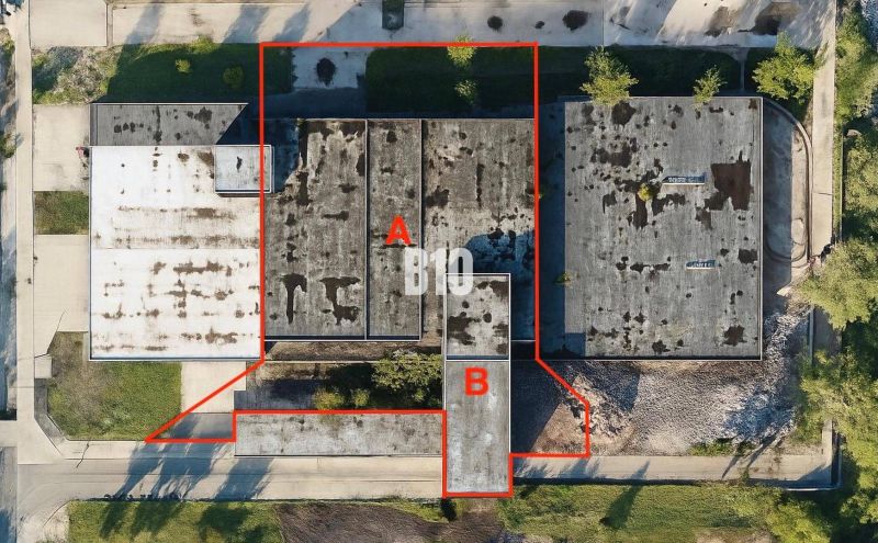 Production premises in Levice, showing the roofs of buildings with marked sections A and B.