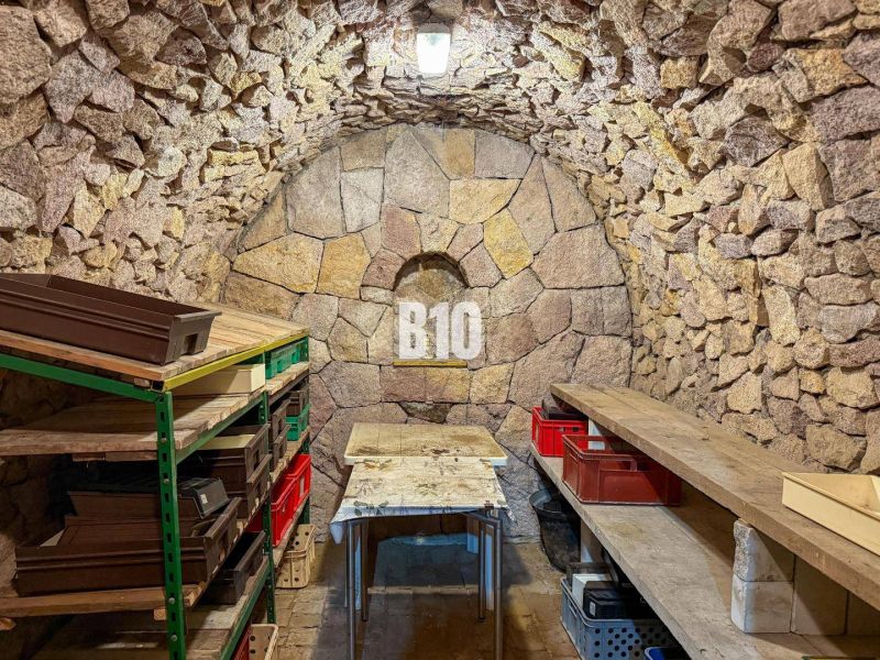 Stone cellar with shelves and a table with a tablecloth, suitable for storage.