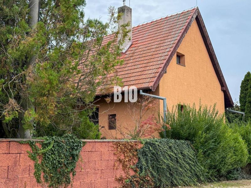 A family house in Vlkas with a red roof surrounded by greenery and a brick fence.