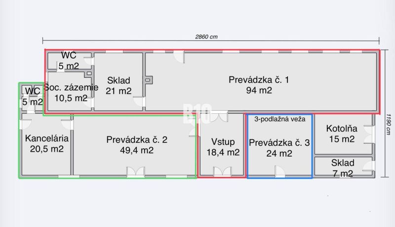 Floor plan of commercial spaces with warehouses, an office, and various operations.
