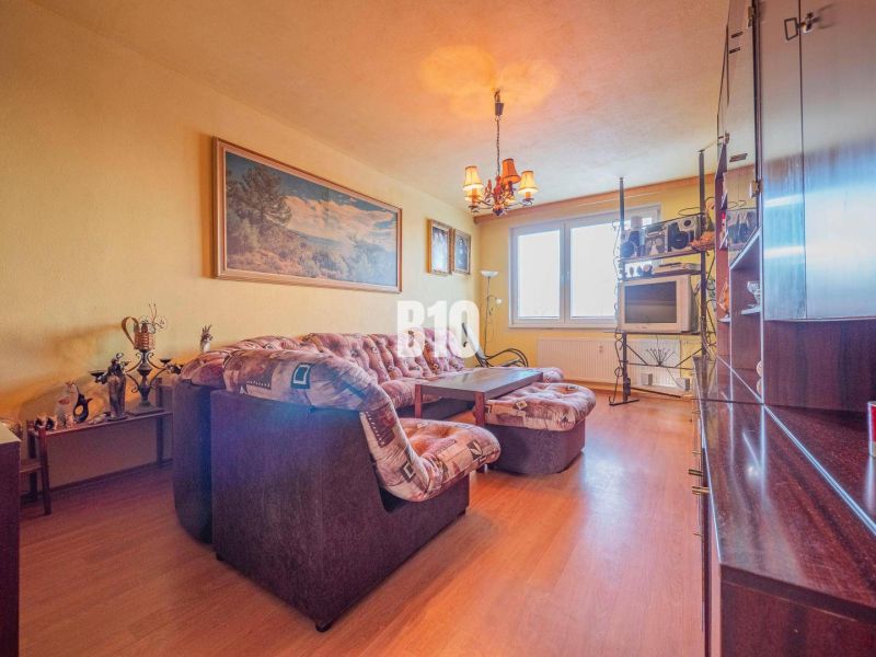Living room in a 3-room apartment with a wooden decor floor, light furniture, and a sofa.