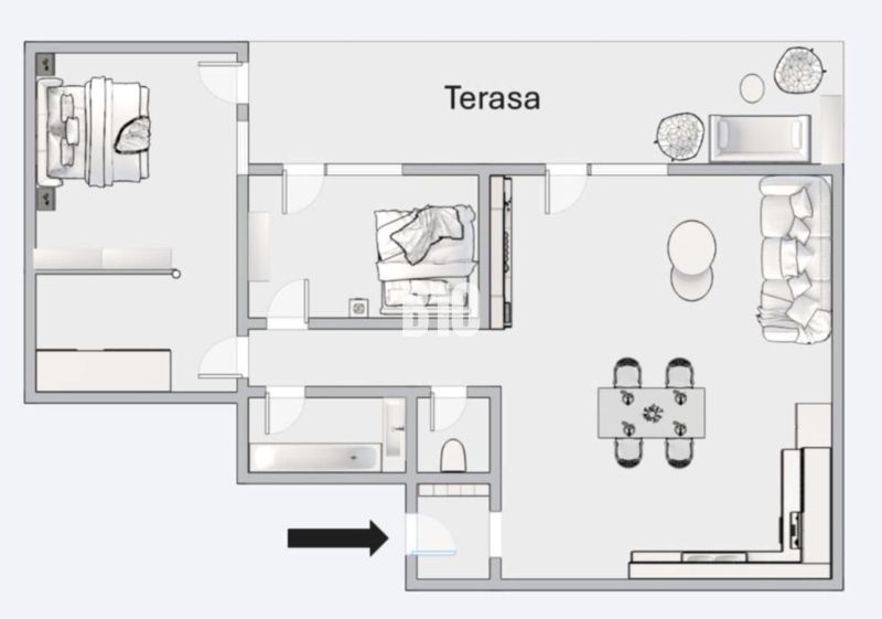 Floor plan of a 3-room apartment with a terrace and an open living room.