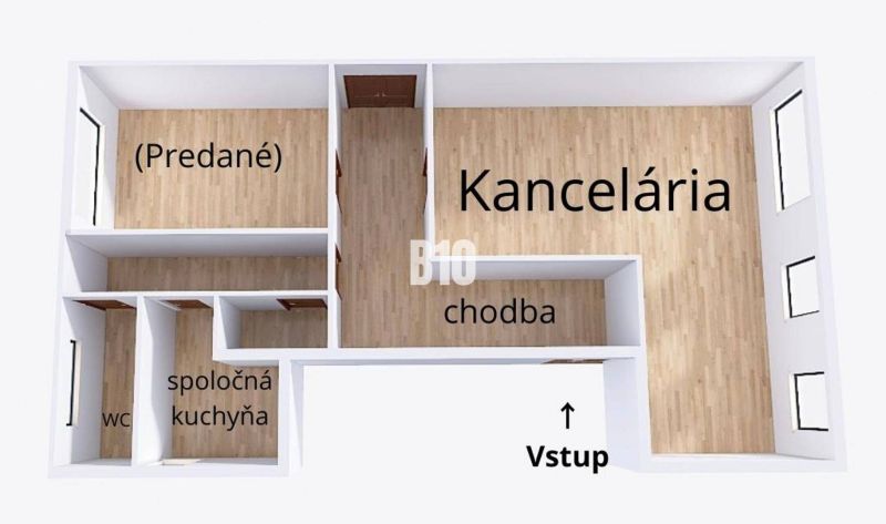 Floor plan of an office with a corridor, kitchen, WC, and flooring with a wooden decor.