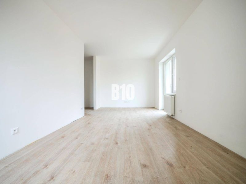 Spacious, bright 1-bedroom apartment with wooden flooring and white walls for rent.