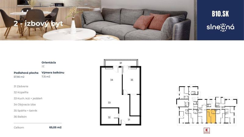 Two-room apartment, bright spaces, balcony, SW orientation; bathroom, kitchenette, bedroom.