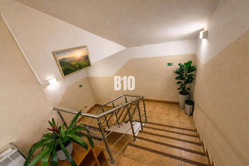 The interior of a building with flowers, a staircase, and a picture of nature on the wall.