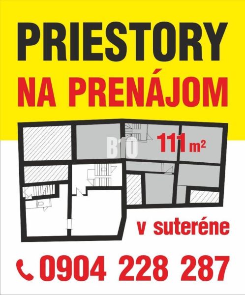Rental of 111 m² of commercial space in the basement with floor plan and contact.