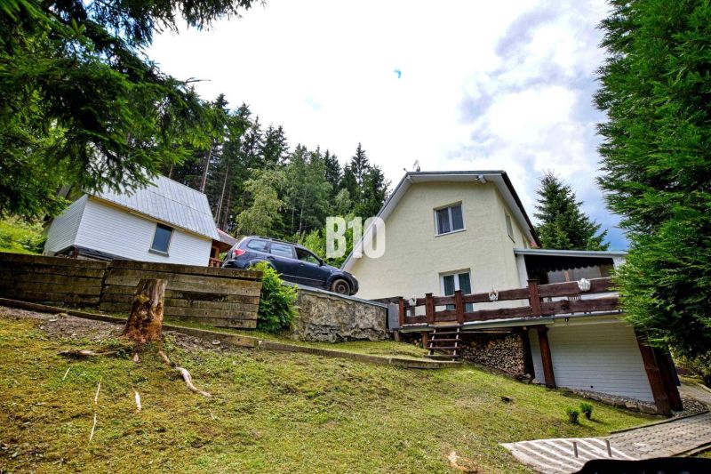 A cottage in Olešná on a slope, surrounded by forest and next to a parked car.