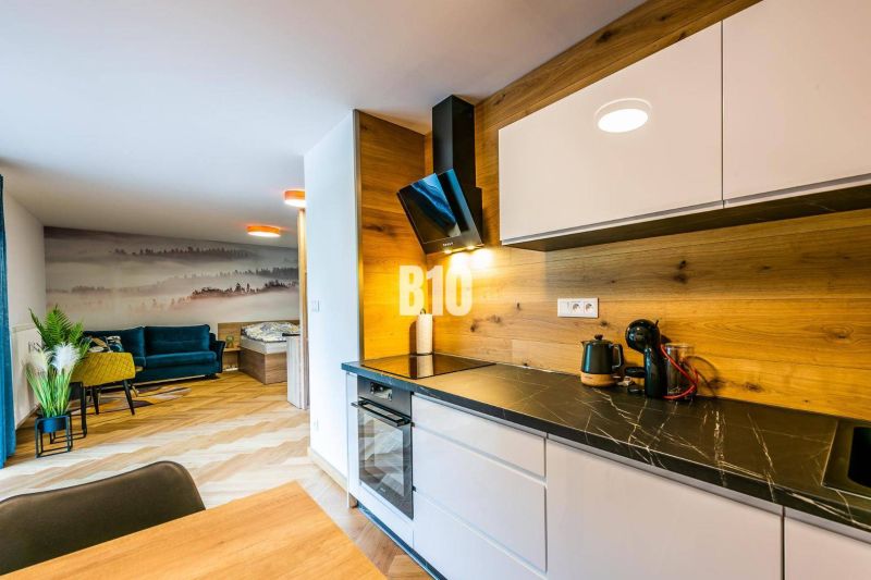 Interior of a 1-room apartment with a kitchen unit and a wooden decor floor.
