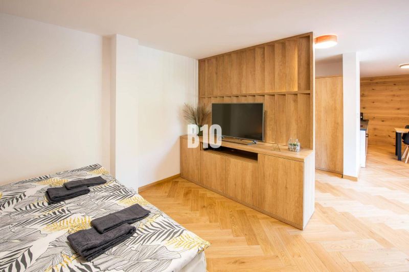 Interior of a 1-room apartment with a bed, television, and floor with wooden decor.
