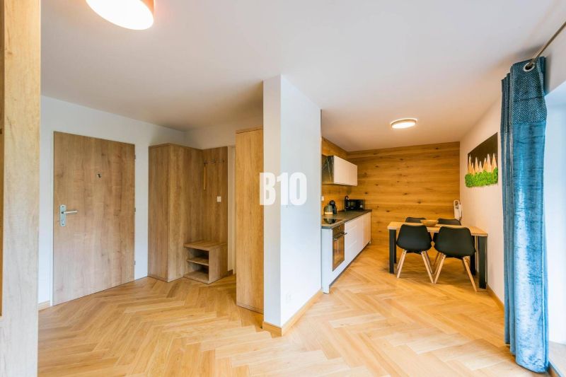 Interior of a 1-room apartment with a wooden decor floor and a kitchenette.