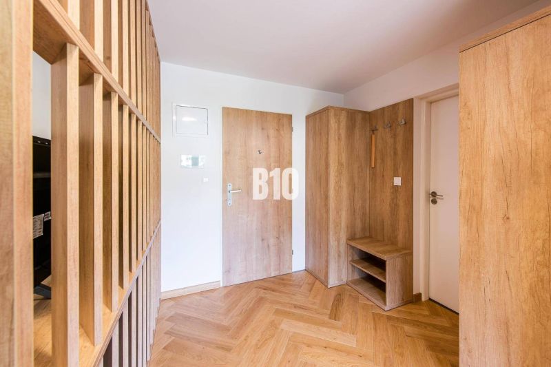 Entrance hall in a one-room apartment with wood-patterned flooring and furniture.