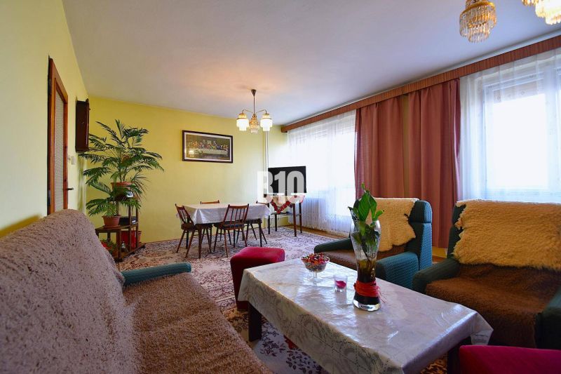 Living room in a family house with flowers, carpets, and furniture.