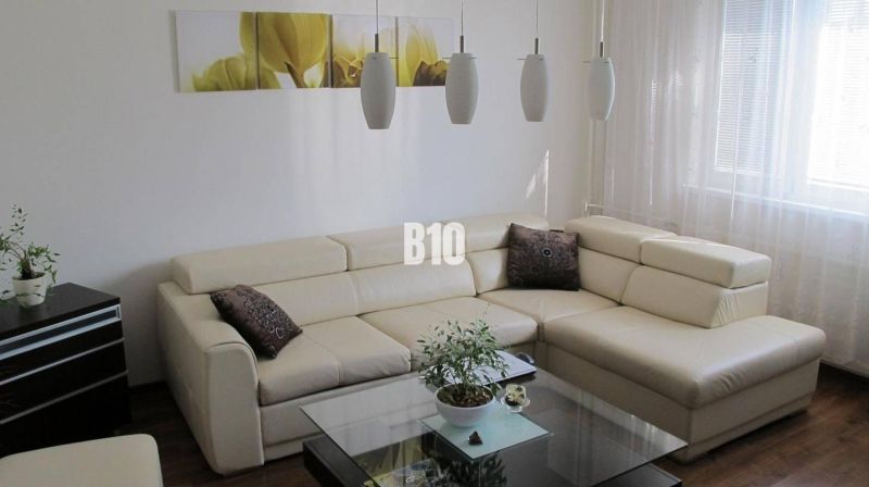 Elegant living room in a 4-room apartment with a cream sofa and wooden decor flooring.