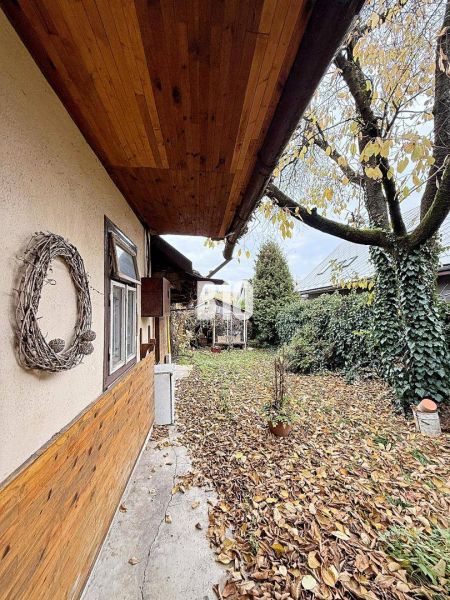 A family house in Kotešová with a garden covered with leaves and wooden wall cladding.