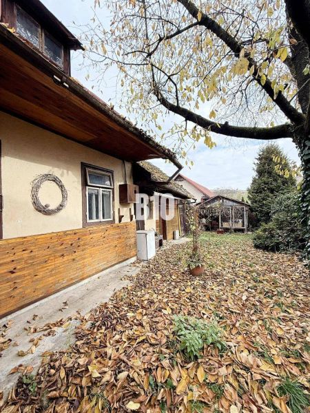 The exterior of a family house in Kotešová with autumn leaves in the yard.