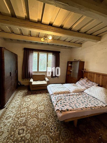 A bedroom in a family house with a carpet, sofa, and bed under a wooden ceiling.