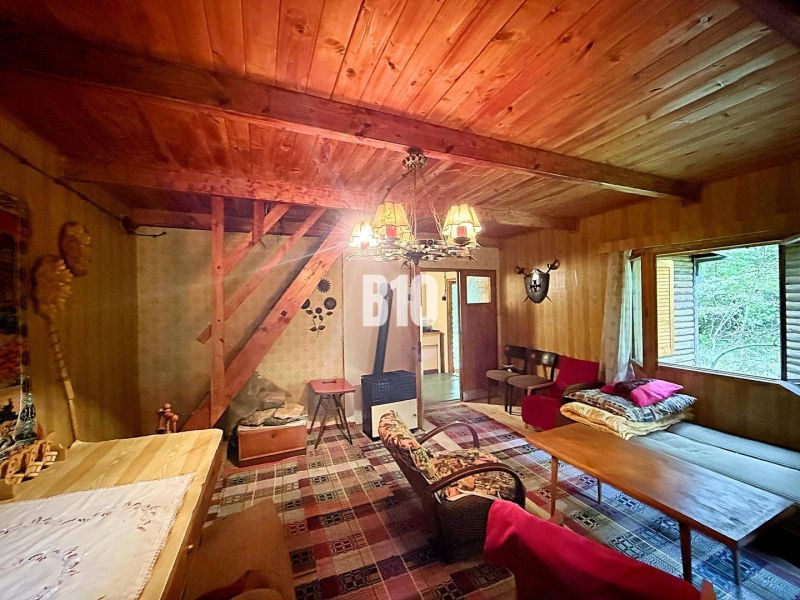 Interior of a cabin with wooden decor, cozy seating, warm atmosphere.
