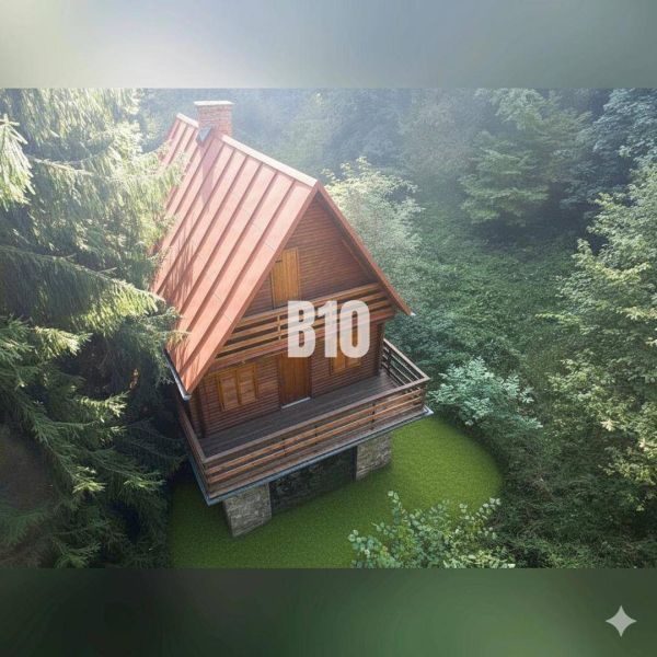 A wooden cottage in Kunerad in the middle of the woods with a red roof and a balcony.