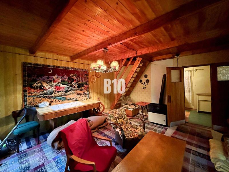 The interior of a cabin with a wooden ceiling, decorative carpet, and comfortable furniture.