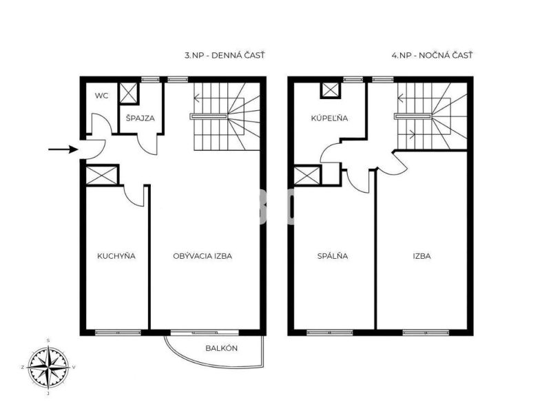 Floor plan of a 3-room apartment with a staircase, bathroom, and balcony on two levels.