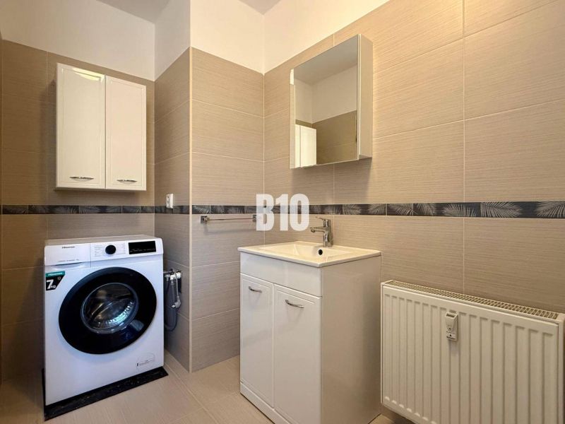 Bathroom with washing machine, sink, and cabinets in the Recreational Apartment.