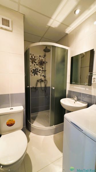 Bathroom in a studio apartment with a toilet, shower, and sink.
