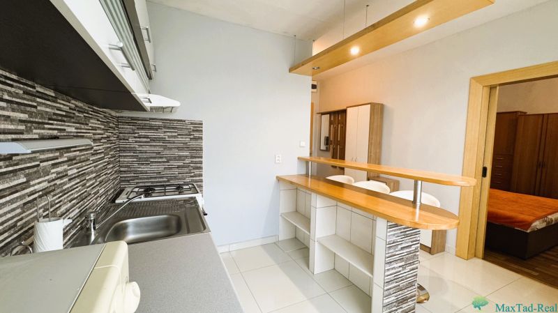 A kitchen in a studio apartment with a bar counter and a wooden decor floor.
