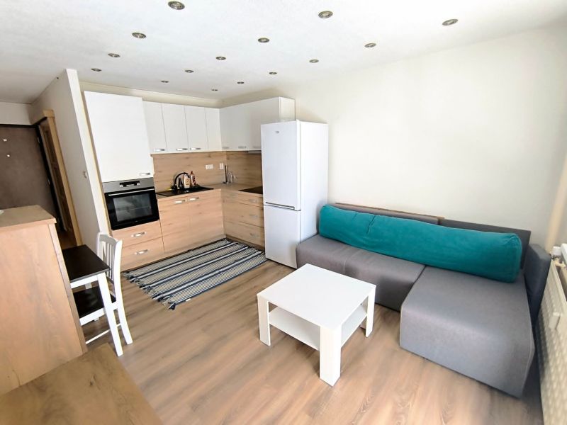 Kitchen and living room in a studio apartment with a kitchenette and a sofa on a floor with a wooden decor.
